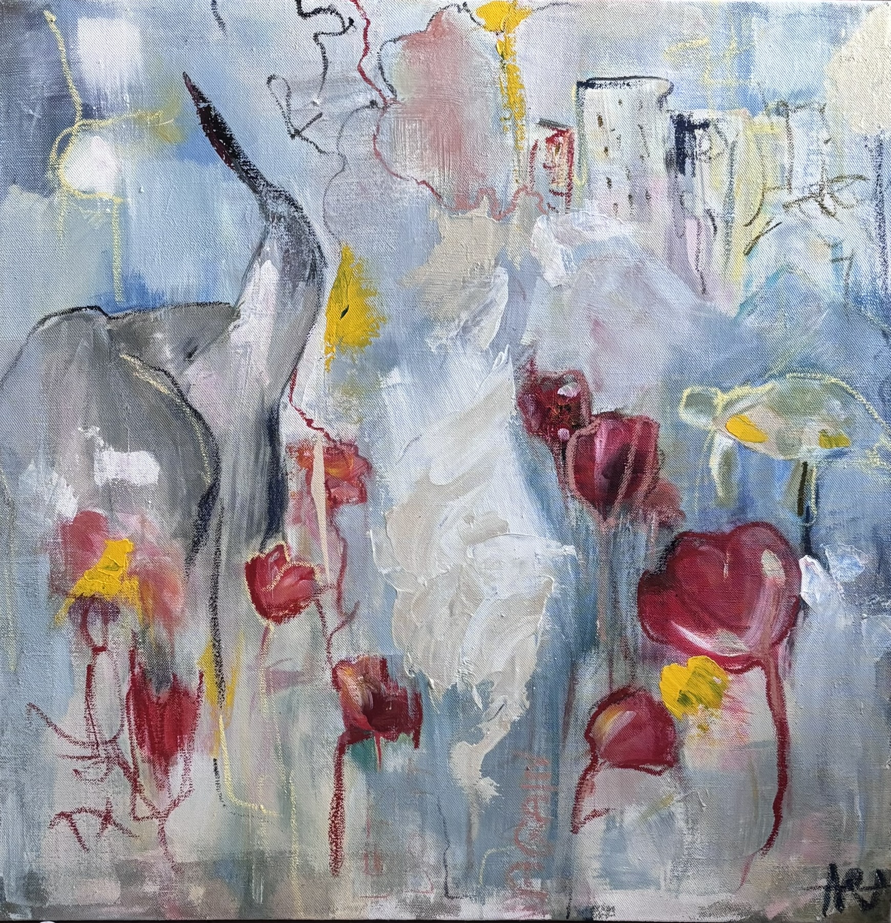 Urban Jungle, mixed media on raw linen, 90 × 90 cm, abstract painting by Noa Rousso Aviv